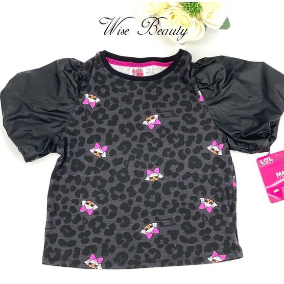 L.O.L. Surprise! Remix Leather Puff Sleeve T-Shirt Girls Sz XL 14/16 Black Gray - Picture 1 of 8